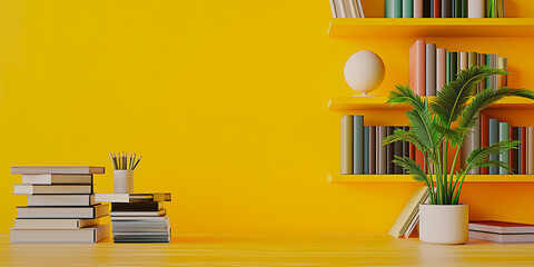 Bright yellow study room countertop with books and plant. Modern learning environment. Colorful study room mockup.