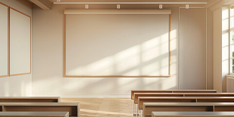 A blank whiteboard with copy space in a sunlit empty classtoom. Perfect for education mockup designs. A modern classroom with empty qhiteboard ready for Your creativity.