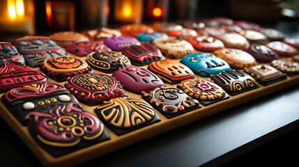 Fototapeta premium Cute colorful glazed сraft cookies that depict playful and creative extraterrestrial characters.