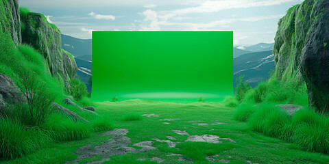 Concept of advertise in nature. A blank green screen in a majestic mountain in the wilderness. Your content in the heart of nature. Mockup design.