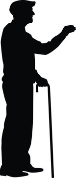 recommend clip art: Elderly man standing with cane silhouette illustration. Old man pose silhouette in black color. Hand drawn senior man in vector.