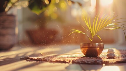 A singing meditation bowl is placed on a yoga mat, rays of sun shine onto it, and a copy space is shown.