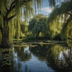 A tranquil pond surrounded by weeping willow trees.
