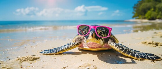 Funny animal summer holiday vacation travel photography banner  - Turtle with sunglasses relaxing chilling at the beach, ocean sea and tropical palm trees in the background