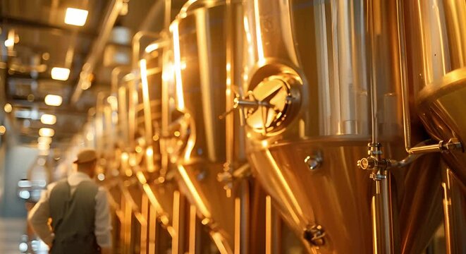 Workers happily monitor beer fermentation in the brewery. Concept Brewery Operations, Beer Fermentation Monitoring, Worker Happiness, Brewery Industry, Brewing Process