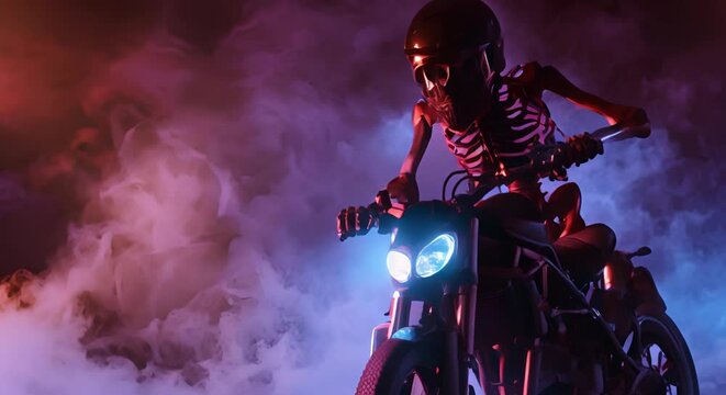 Silhouette of motorcycle skeleton against dark smoky background in dimly lit room. Concept Motorcycle skeleton, Silhouette, Dark background, Smoky effect, Dimly lit room