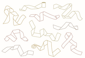 Collection of vector ribbons. Linear image. Cotton ribbons with different bends. Set of ribbons for sewing or decoration
