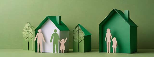 A small green home paper house with paper cut out of a family, environmentally friendly construction, eco friendly living and sustainable living concept, simple green background with copy space,

