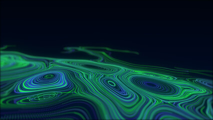 Colors wave with motion dots. Abstract digital background. Concept connection big data. Futuristic technology backdrop. 3D rendering.
