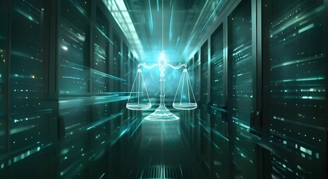 Digital law concept with justice scales background in modern data center. Concept Digital Law, Technology Ethics, Data Protection, Legal Technology, Justice System