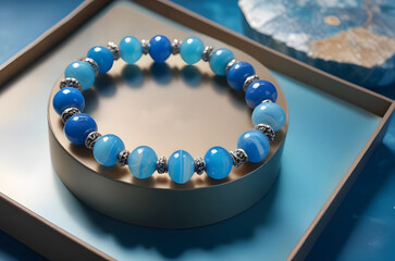 Bransoletka z kamieni naturalnych niebieskich amazonitów i agatów na pudełku na biżuterię. Klasyczne i piękne kamienie z dodatkami ze srebra i złota