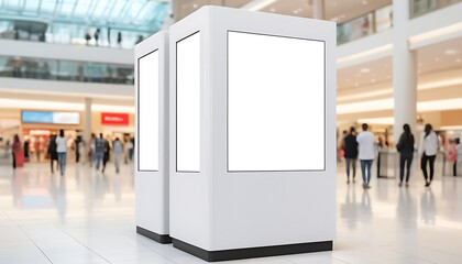 Blank white advertising flat mockup Kiosk display for advertisement at a shopping mall with blurred background and copy space, no humans
