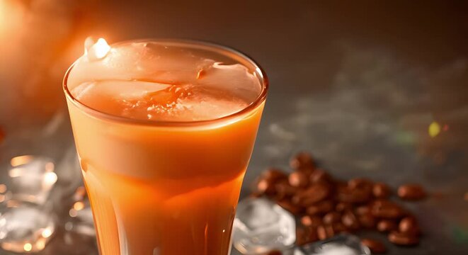 Vietnamese iced coffee with sweetened condensed milk over ice in a glass. Concept Vietnamese Cuisine, Iced Coffee, Sweetened Condensed Milk, Traditional Beverage