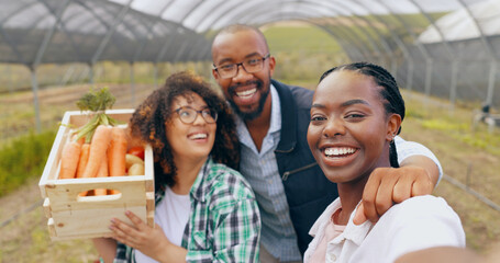 Farm, selfie and people in greenhouse for vegetable harvest, agriculture or small business....