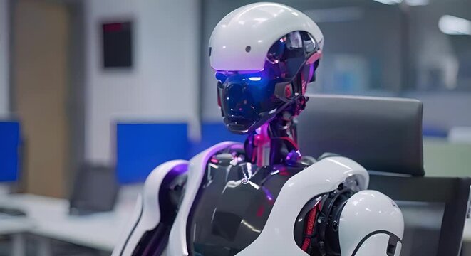 Futuristic robot replacing humans in job interview at modern office. Concept Futuristic Technology, Automation in Interviews, Robot versus Human, Workplace Innovation, Modern Office Trends