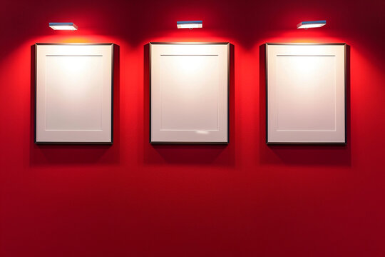 Attention-grabbing setup: three white frames on a vivid red wall, spotlighted for emphasis.