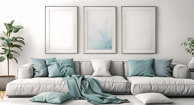 Mockup of modern living room with empty picture frames on white wall. Concept Home Decor, Interior Design, Wall Art, Living Room Design
