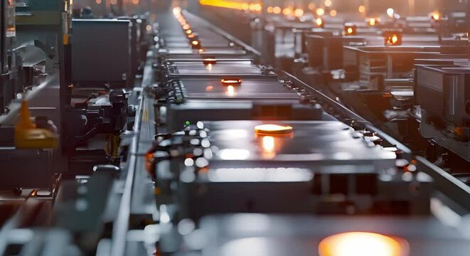 Battery Cell Assembly Line in Mass Production: A Close-Up View. Concept Manufacturing process, Quality control, Efficiency optimization, Assembly line setup, Technology integration