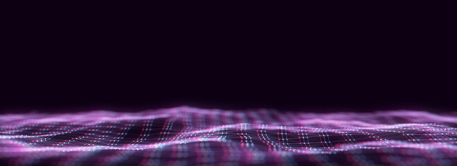 Colors wave with motion dots and lines. Abstract digital glitch background. Concept connection big data. Futuristic technology backdrop. 3D rendering.