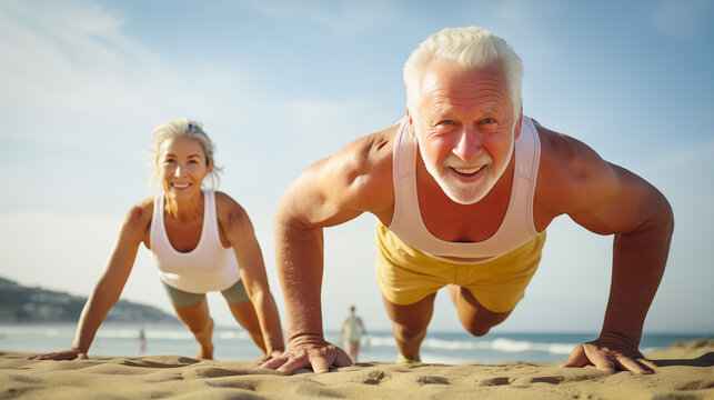 An older man and woman gracefully perform push ups on the sandy beach, showing determination and resilience in their fitness routine - Powered by Adobe