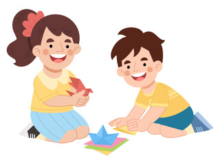 Boy and girl playing paper folding origami vector illustration