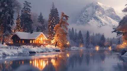 Fototapeta premium Twilight Serenity at a Snow-Clad Cabin and Mountain, Generative AI