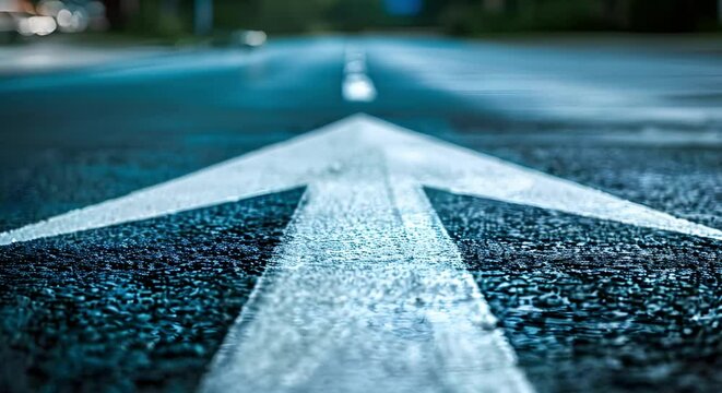 Asphalt road with white arrow symbolizes progress and continuous growth forward. Concept Road symbolism, progress, growth, forward movement, arrows