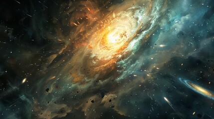 Obraz premium An artistic interpretation of a galaxy core, where the chaotic beauty of colliding stars and gravitational forces is captured in a moment of sublime tranquility.