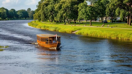Naklejka premium a small passenger boat navigating a park canal, evoking the ambiance of a crime scene with ample copy space for storytelling.
