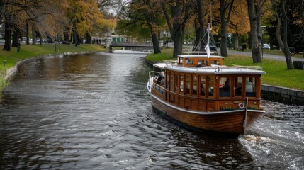 Fototapeta premium a small passenger boat navigating a park canal, evoking the ambiance of a crime scene with ample copy space for storytelling.