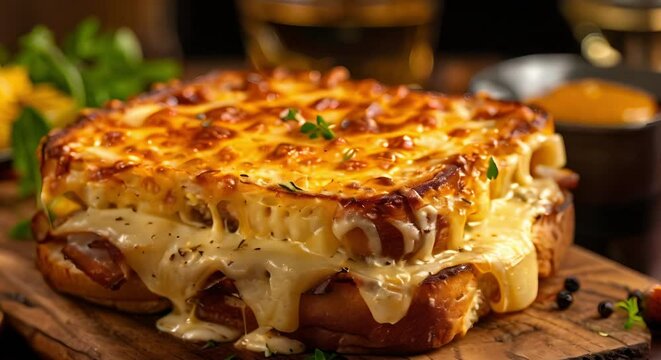 Closeup of a delicious croque monsieur sandwich on a wooden board. Concept Food Photography, Gourmet Sandwiches, Culinary Art, Delicious Eats, Wooden Background