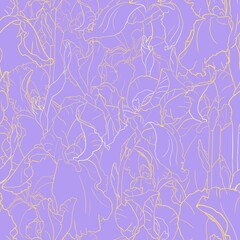 Fototapeta premium Seamless pattern with golden contours of iris flowers on a purple background 