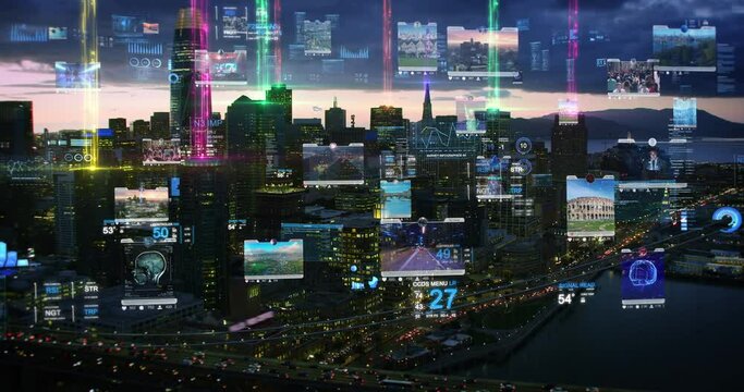 Beautiful Aerial view of Skyline in San Francisco at Sunset. Several Screens with Social Media Feeds and Videos. Columns of Information and Data. Artificial Intelligence. Metaverse. United States.