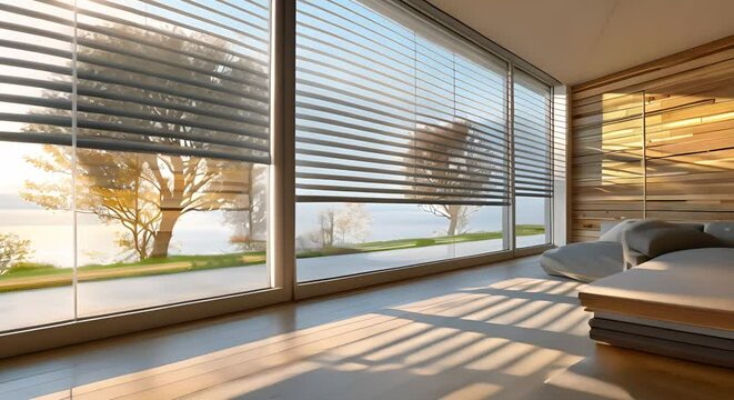 Automated solar shades on large windows in modern interior with wooden panels. Concept Automated Solar Shades, Large Windows, Modern Interior, Wooden Panels, Energy Efficiency