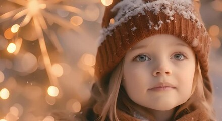 A Child's First New Year Fireworks Display: Eyes Wide with Amazement in Snowy Park. Concept Childhood, New Year's Eve, Fireworks, Amazement, Winter Park