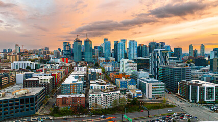 Scenery of modern city switching on lights at dusk. Sparkling downtown of Seattle, Washington, the United States.