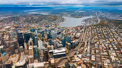 Downtown of Seattle, Washington, the USA. Contemporary urban scenery on the waterfront of Lake...