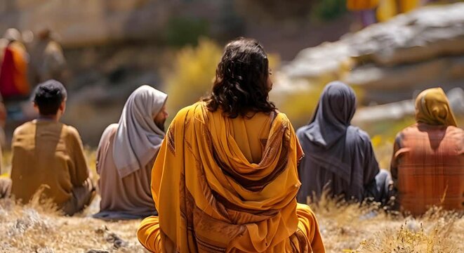 Jesus teaching disciples or people in a biblical setting from the back. Concept Biblical Art, Religious Painting, Jesus Teaching, Disciples Listening, Historical Scene