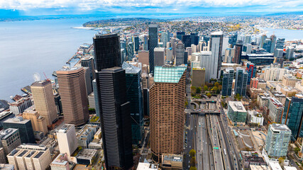 American modern Seattle district. Business center aerial view city.