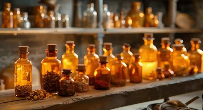Exploring the Vintage Charm of a Victorian Apothecary with Glass Bottles and Herbal Remedies. Concept Victorian Apothecary, Glass Bottles, Herbal Remedies, Vintage Charm, Exploring