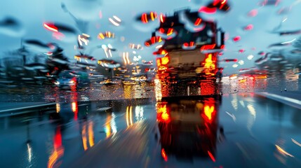 An artistic shot of a truck's reflection in a rain puddle on the freeway, the ripples distorting...