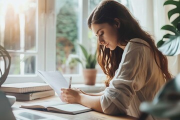 female making notes in her notebook sitting at her desk