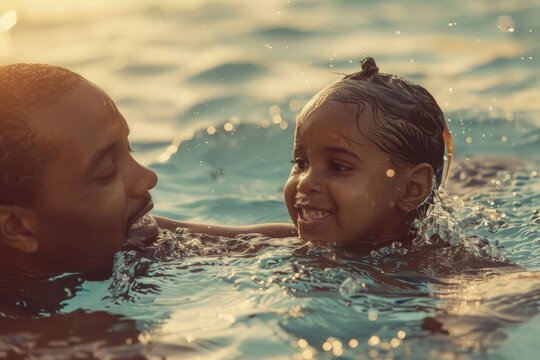 dad teaching daughter to swim, close up