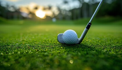 A closeup view of a golf ball and club on a lush green golf course, with a soft focus background