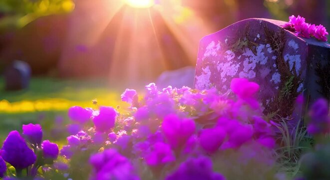 Memorial Day scene: headstone with flowers on green lawn in natural light. Concept Memorial Day, Headstone, Flowers, Green Lawn, Natural Light