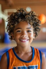 A young boy smiling in a gymnasium, wearing a basketball jersey, with a basketball hoop in the background