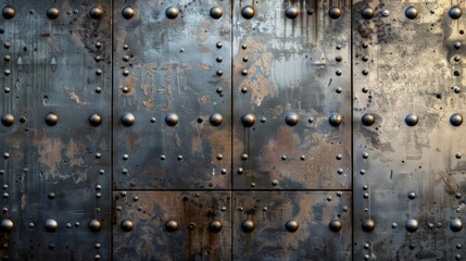 Fototapeta premium A direct frontal view on a factory wall made out of heavy metallic plates, held together with rivets