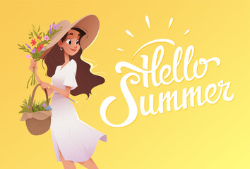 Beautiful woman or girl in white dress and hat holding a basket with flowers and foliage. Handwritten lettering Hello Summer. Warm yellow background. Calligraphy for poster, postcard or banner