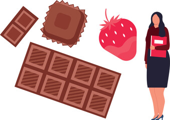 The girl is eating chocolate with strawberries.