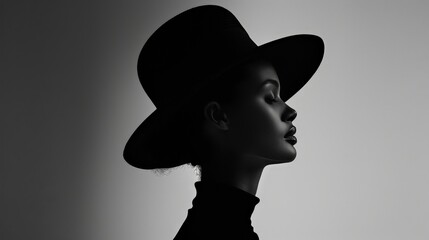 An artistic silhouette of a woman adorned with a sleek black hat, her profile outlined against a minimalist backdrop, the contours of her face highlighted by a subtle play of light and shadow.